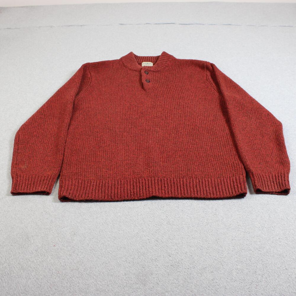 LL Bean Lambswool Sweater Men Large Orange Henley Fisherman Heavyweight Heritage
